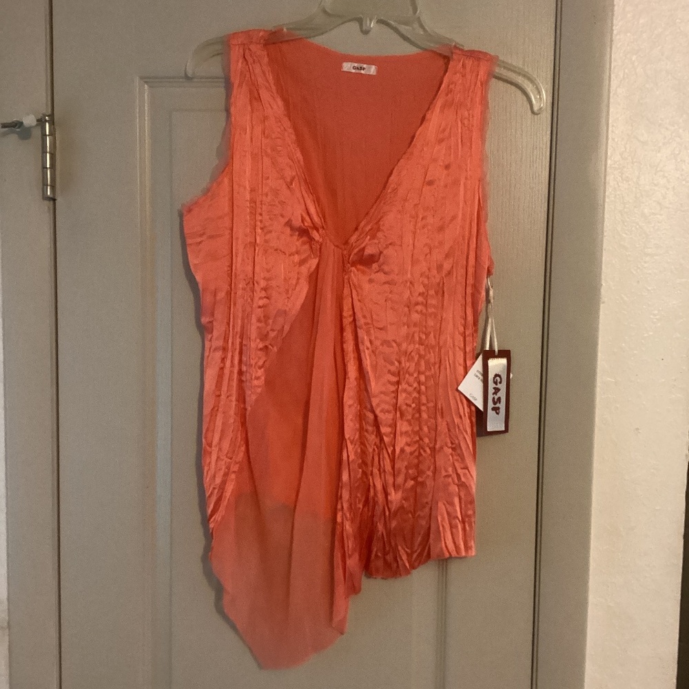 Gasp sleeveless silk top, asymmetrical with mesh insert dark melon. Lg